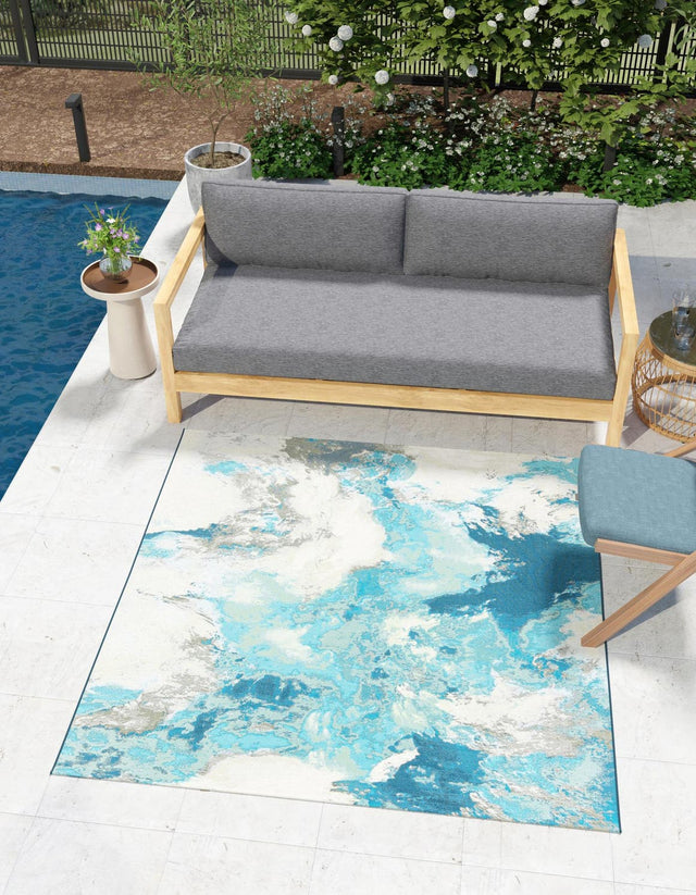 Blue and Ivory 7' 10 x 7' 10 Outdoor Modern Square Area Rug Weather Resistant for Patio, Deck, Terrace, Balcony, Porch 100% Polypropylene Modern Outside Carpet for Sale at Rug Engine
