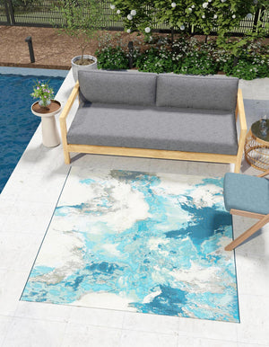 Blue and Ivory 10' x 10' Outdoor Modern Square Area Rug Weather Resistant for Patio, Deck, Terrace, Balcony, Porch 100% Polypropylene Modern Outside Carpet for Sale at Rug Engine