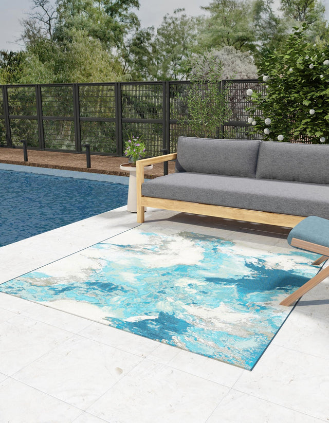 Blue and Ivory 10' x 10' Outdoor Modern Square Area Rug Weather Resistant for Patio, Deck, Terrace, Balcony, Porch 100% Polypropylene Modern Outside Carpet for Sale at Rug Engine