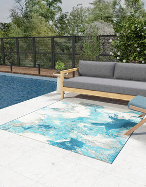 Blue and Ivory 7' 10 x 7' 10 Outdoor Modern Square Area Rug Weather Resistant for Patio, Deck, Terrace, Balcony, Porch 100% Polypropylene Modern Outside Carpet for Sale at Rug Engine