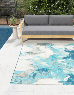 Blue and Ivory 10' x 10' Outdoor Modern Square Area Rug Weather Resistant for Patio, Deck, Terrace, Balcony, Porch 100% Polypropylene Modern Outside Carpet for Sale at Rug Engine