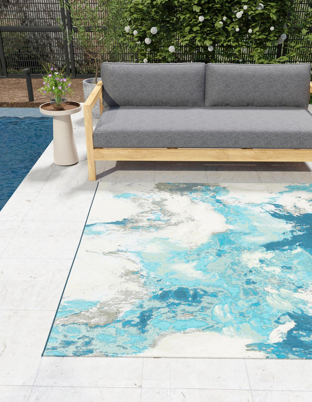 Blue and Ivory 7' 10 x 7' 10 Outdoor Modern Square Area Rug Weather Resistant for Patio, Deck, Terrace, Balcony, Porch 100% Polypropylene Modern Outside Carpet for Sale at Rug Engine