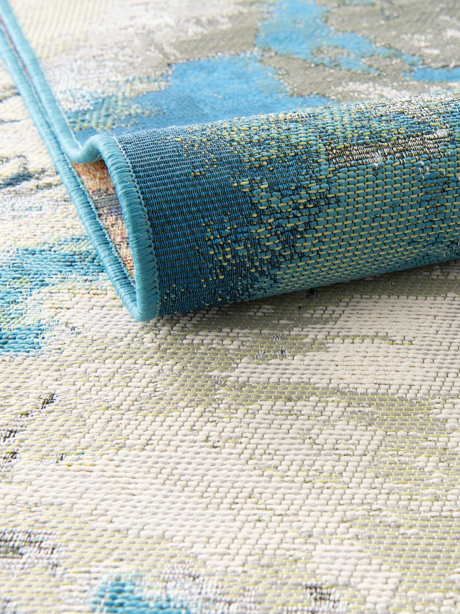 Blue and Ivory 7' 10 x 7' 10 Outdoor Modern Square Area Rug Weather Resistant for Patio, Deck, Terrace, Balcony, Porch 100% Polypropylene Modern Outside Carpet for Sale at Rug Engine