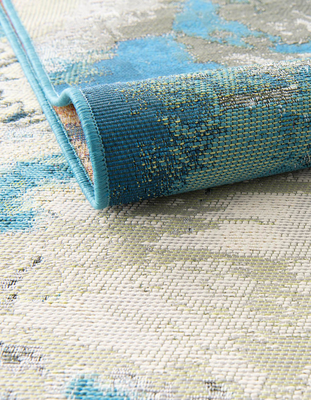 Blue and Ivory 7' 10 x 7' 10 Outdoor Modern Square Area Rug Weather Resistant for Patio, Deck, Terrace, Balcony, Porch 100% Polypropylene Modern Outside Carpet for Sale at Rug Engine