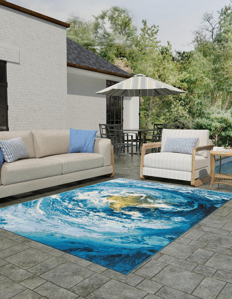 Blue 6' 1 x 9' Outdoor Modern Rectangle Rug