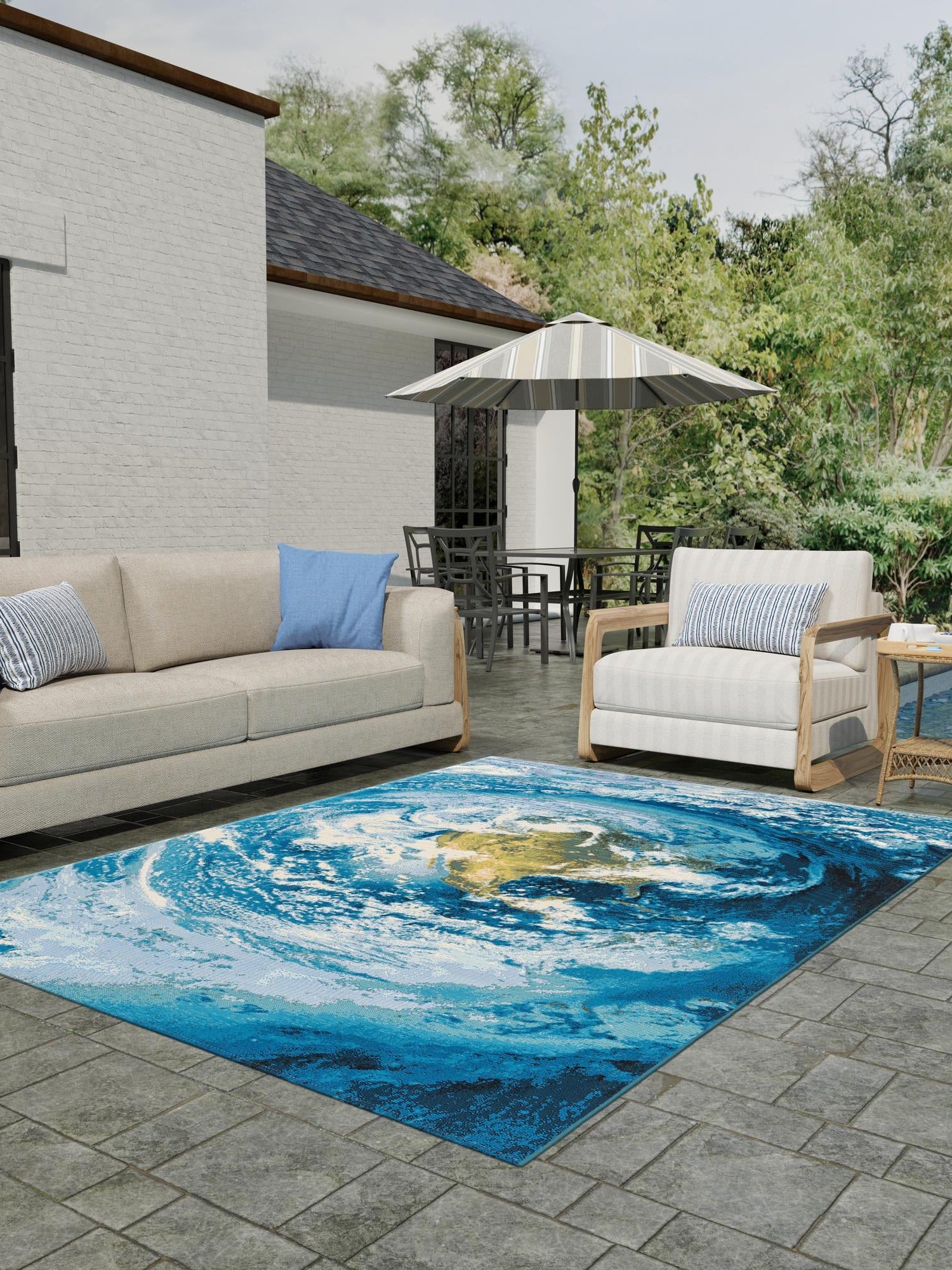 Blue 4' 1 x 6' 1 Outdoor Modern Rectangle Area Rug Weather Resistant for Patio, Deck, Terrace, Balcony, Porch 100% Polypropylene Modern Outside Carpet for Sale at Rug Engine