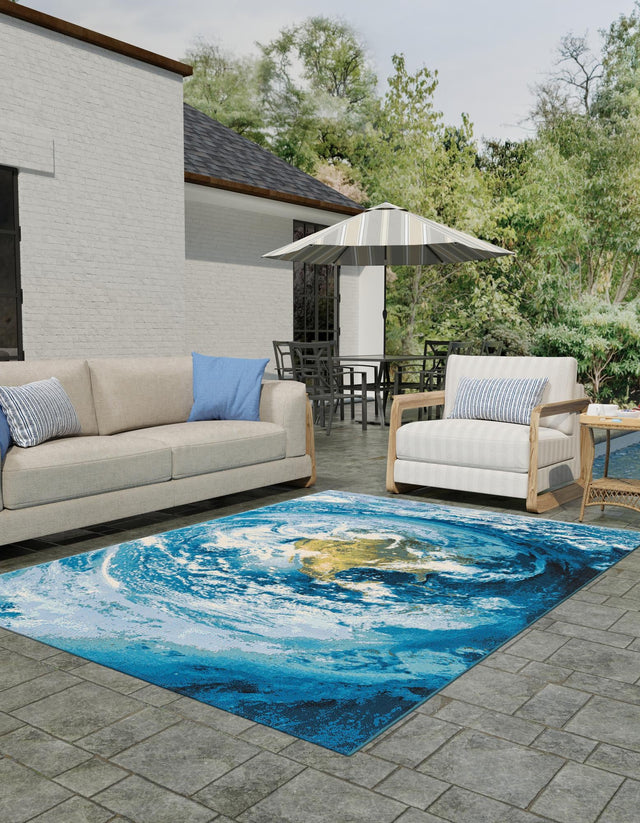 Blue 4' 1 x 6' 1 Outdoor Modern Rectangle Area Rug Weather Resistant for Patio, Deck, Terrace, Balcony, Porch 100% Polypropylene Modern Outside Carpet for Sale at Rug Engine