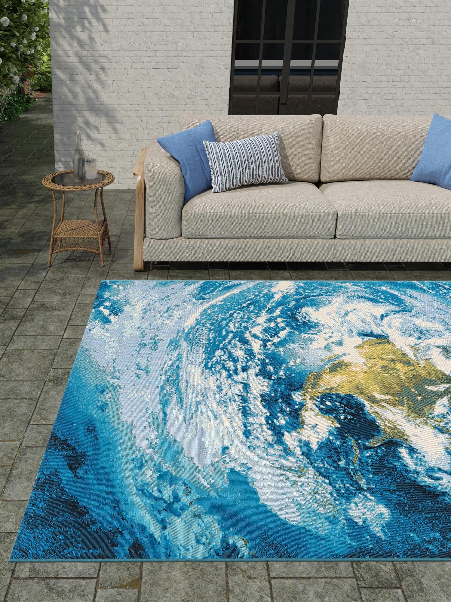 Blue 4' 1 x 6' 1 Outdoor Modern Rectangle Area Rug Weather Resistant for Patio, Deck, Terrace, Balcony, Porch 100% Polypropylene Modern Outside Carpet for Sale at Rug Engine