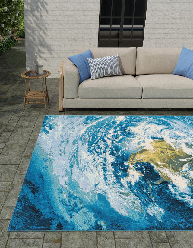 Blue 4' 1 x 6' 1 Outdoor Modern Rectangle Area Rug Weather Resistant for Patio, Deck, Terrace, Balcony, Porch 100% Polypropylene Modern Outside Carpet for Sale at Rug Engine
