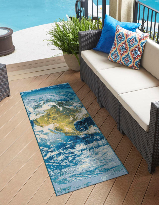 Blue 2' x 5' 1 Outdoor Modern Runner Area Rug Weather Resistant for Patio, Deck, Terrace, Balcony, Porch 100% Polypropylene Modern Outside Carpet for Sale at Rug Engine