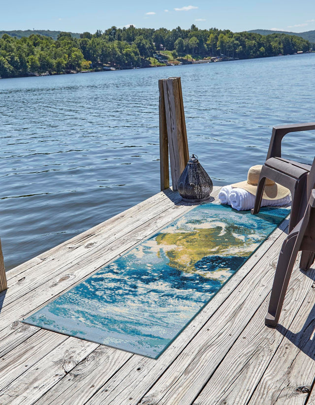 Blue 2' x 5' 1 Outdoor Modern Runner Area Rug Weather Resistant for Patio, Deck, Terrace, Balcony, Porch 100% Polypropylene Modern Outside Carpet for Sale at Rug Engine