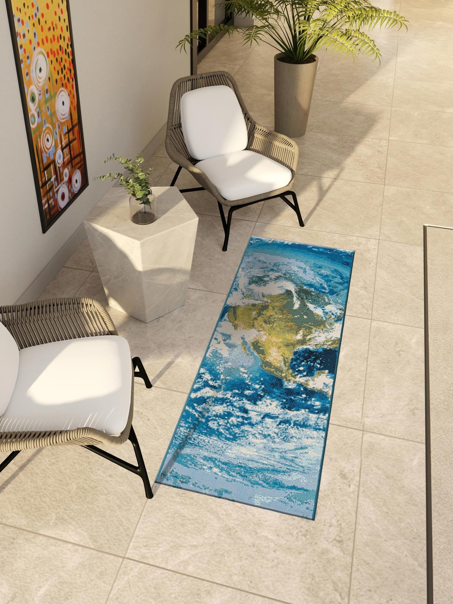 Blue 2' x 5' 1 Outdoor Modern Runner Area Rug Weather Resistant for Patio, Deck, Terrace, Balcony, Porch 100% Polypropylene Modern Outside Carpet for Sale at Rug Engine