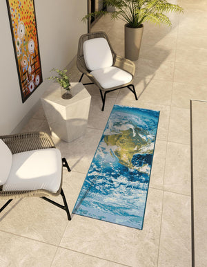 Blue 2' x 5' 1 Outdoor Modern Runner Area Rug Weather Resistant for Patio, Deck, Terrace, Balcony, Porch 100% Polypropylene Modern Outside Carpet for Sale at Rug Engine
