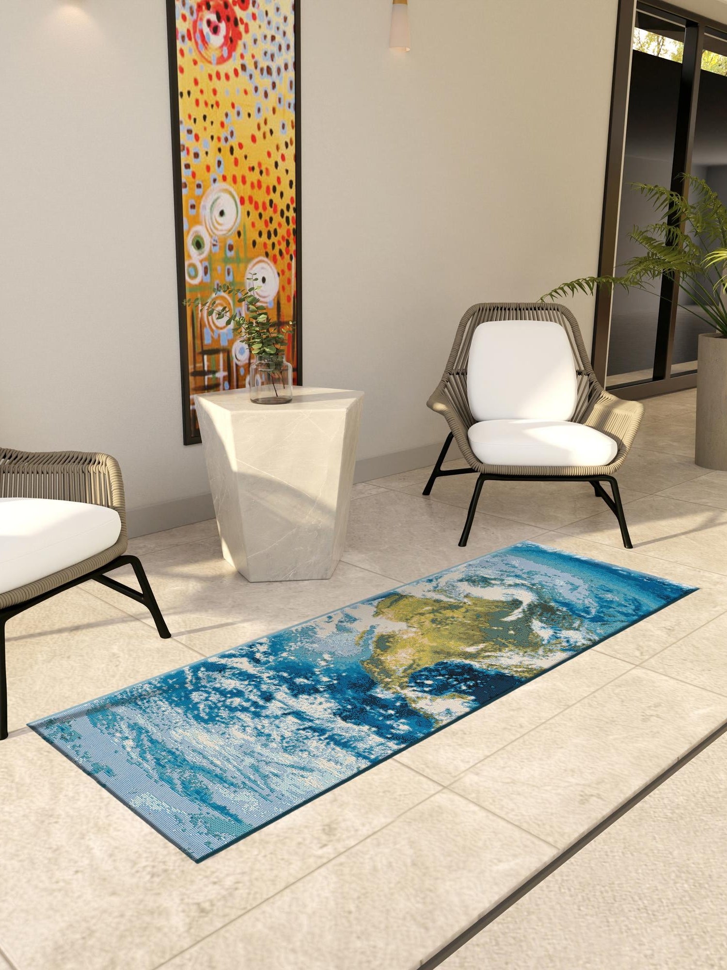 Blue 2' x 5' 1 Outdoor Modern Runner Area Rug Weather Resistant for Patio, Deck, Terrace, Balcony, Porch 100% Polypropylene Modern Outside Carpet for Sale at Rug Engine