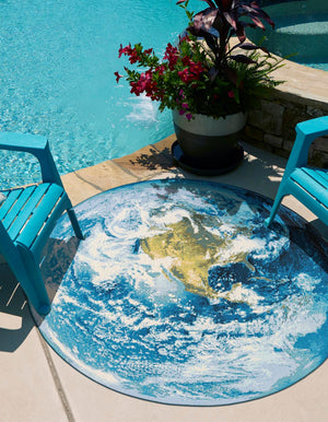 Blue 5' 3 x 5' 3 Outdoor Modern Round Area Rug Weather Resistant for Patio, Deck, Terrace, Balcony, Porch 100% Polypropylene Modern Outside Carpet for Sale at Rug Engine
