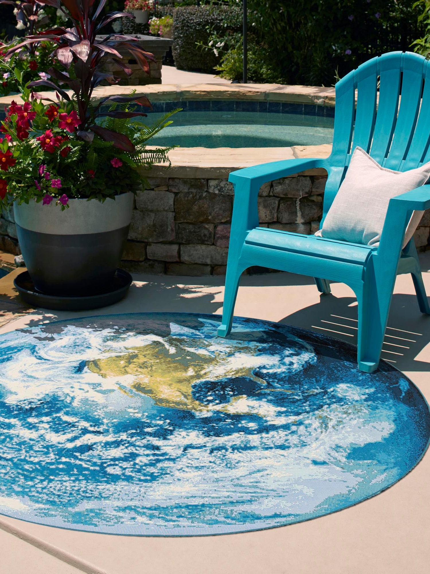 Blue 7' 10 x 7' 10 Outdoor Modern Round Area Rug Weather Resistant for Patio, Deck, Terrace, Balcony, Porch 100% Polypropylene Modern Outside Carpet for Sale at Rug Engine