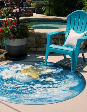 Blue 5' 3 x 5' 3 Outdoor Modern Round Area Rug Weather Resistant for Patio, Deck, Terrace, Balcony, Porch 100% Polypropylene Modern Outside Carpet for Sale at Rug Engine