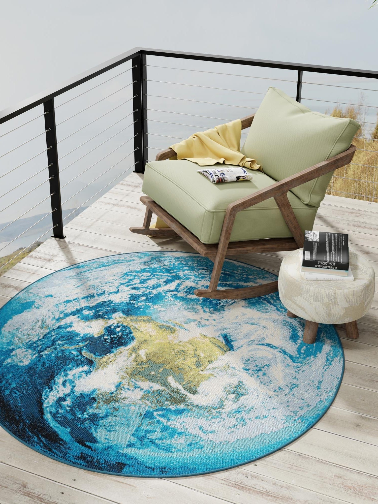 Blue 4' 1 x 4' 1 Outdoor Modern Round Area Rug Weather Resistant for Patio, Deck, Terrace, Balcony, Porch 100% Polypropylene Modern Outside Carpet for Sale at Rug Engine