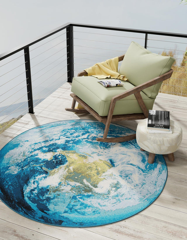 Blue 10' x 10' Outdoor Modern Round Area Rug Weather Resistant for Patio, Deck, Terrace, Balcony, Porch 100% Polypropylene Modern Outside Carpet for Sale at Rug Engine