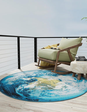 Blue 10' x 10' Outdoor Modern Round Area Rug Weather Resistant for Patio, Deck, Terrace, Balcony, Porch 100% Polypropylene Modern Outside Carpet for Sale at Rug Engine