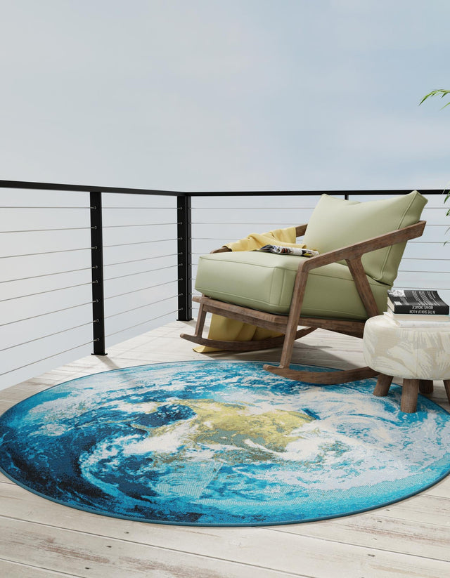 Blue 10' x 10' Outdoor Modern Round Area Rug Weather Resistant for Patio, Deck, Terrace, Balcony, Porch 100% Polypropylene Modern Outside Carpet for Sale at Rug Engine
