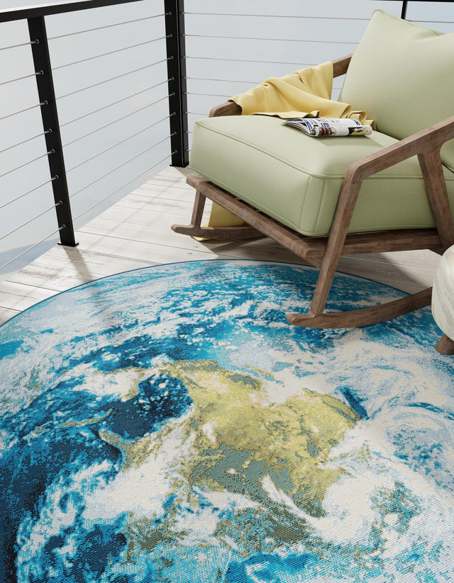 Blue 3' 3 x 3' 3 Outdoor Modern Round Area Rug Weather Resistant for Patio, Deck, Terrace, Balcony, Porch 100% Polypropylene Modern Outside Carpet for Sale at Rug Engine