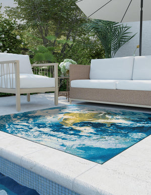 Blue 7' 10 x 7' 10 Outdoor Modern Square Area Rug Weather Resistant for Patio, Deck, Terrace, Balcony, Porch 100% Polypropylene Modern Outside Carpet for Sale at Rug Engine