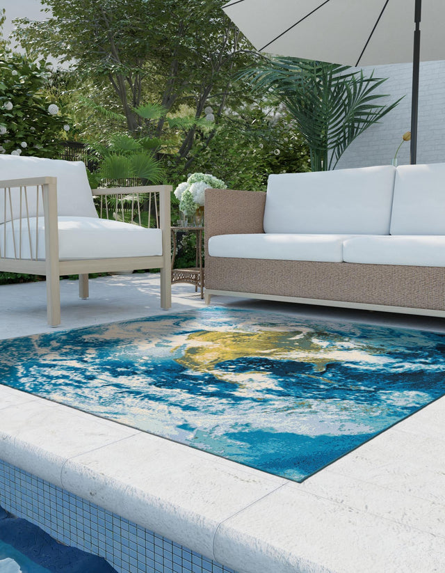 Blue 7' 10 x 7' 10 Outdoor Modern Square Area Rug Weather Resistant for Patio, Deck, Terrace, Balcony, Porch 100% Polypropylene Modern Outside Carpet for Sale at Rug Engine