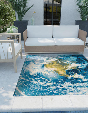 Blue 10' x 10' Outdoor Modern Square Area Rug Weather Resistant for Patio, Deck, Terrace, Balcony, Porch 100% Polypropylene Modern Outside Carpet for Sale at Rug Engine