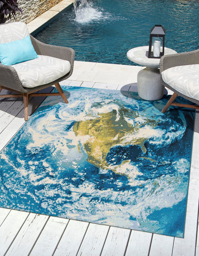 Blue 7' 10 x 7' 10 Outdoor Modern Square Area Rug Weather Resistant for Patio, Deck, Terrace, Balcony, Porch 100% Polypropylene Modern Outside Carpet for Sale at Rug Engine