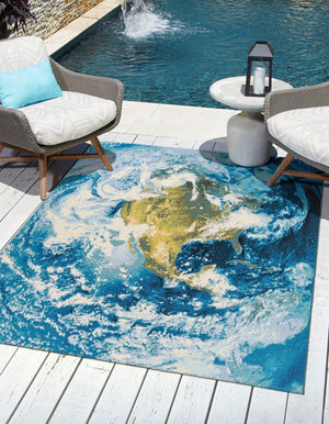 Blue 10' x 10' Outdoor Modern Square Area Rug Weather Resistant for Patio, Deck, Terrace, Balcony, Porch 100% Polypropylene Modern Outside Carpet for Sale at Rug Engine