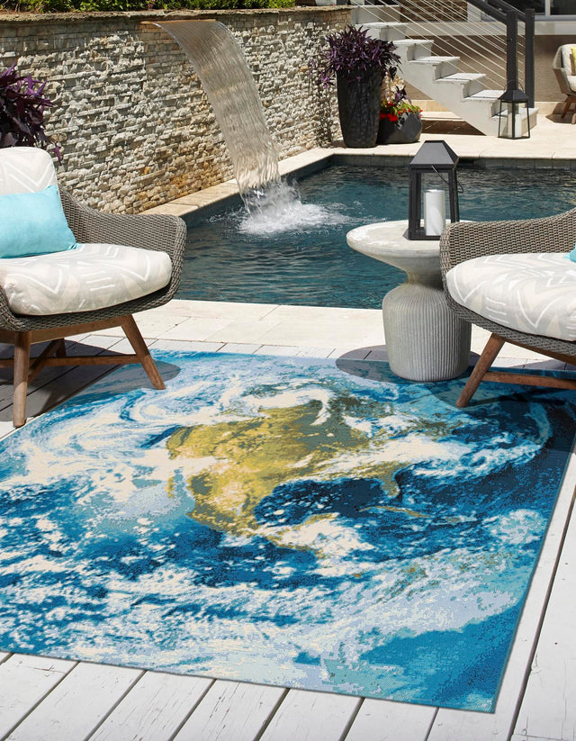 Blue 7' 10 x 7' 10 Outdoor Modern Square Area Rug Weather Resistant for Patio, Deck, Terrace, Balcony, Porch 100% Polypropylene Modern Outside Carpet for Sale at Rug Engine