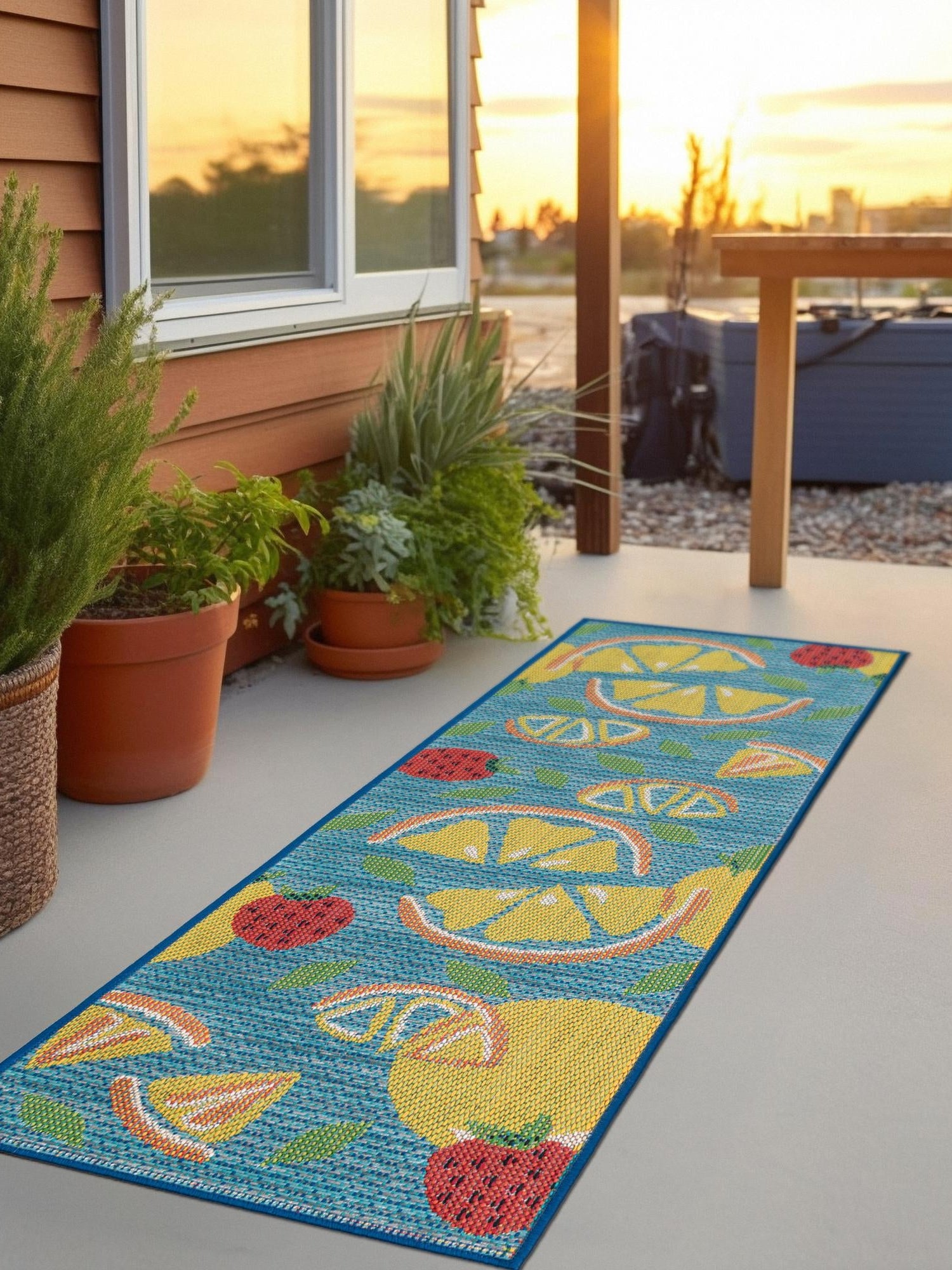 Blue 2' x 8' Baja Outdoor Runner Area Rug Weather Resistant for Patio, Deck, Terrace, Balcony, Porch 100% Polypropylene Modern Outside Decor for Sale at Rug Engine