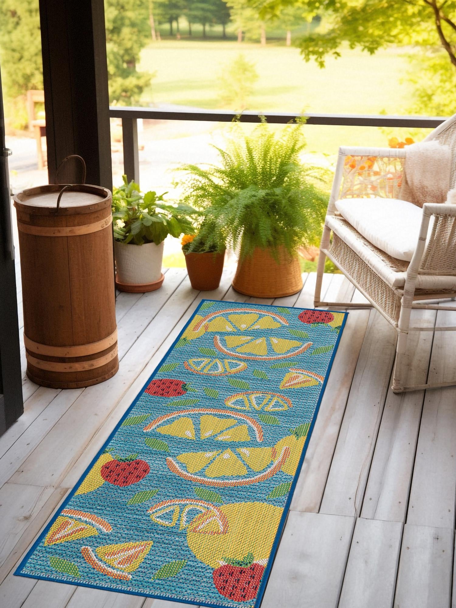 Blue 2' 7 x 12' Baja Outdoor Runner Area Rug Weather Resistant for Patio, Deck, Terrace, Balcony, Porch 100% Polypropylene Modern Outside Decor for Sale at Rug Engine