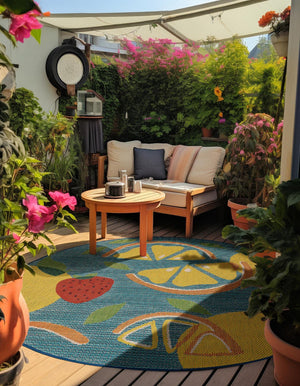 Blue 6' 1 x 6' 1 Baja Outdoor Round Area Rug Weather Resistant for Patio, Deck, Terrace, Balcony, Porch 100% Polypropylene Modern Outside Decor for Sale at Rug Engine