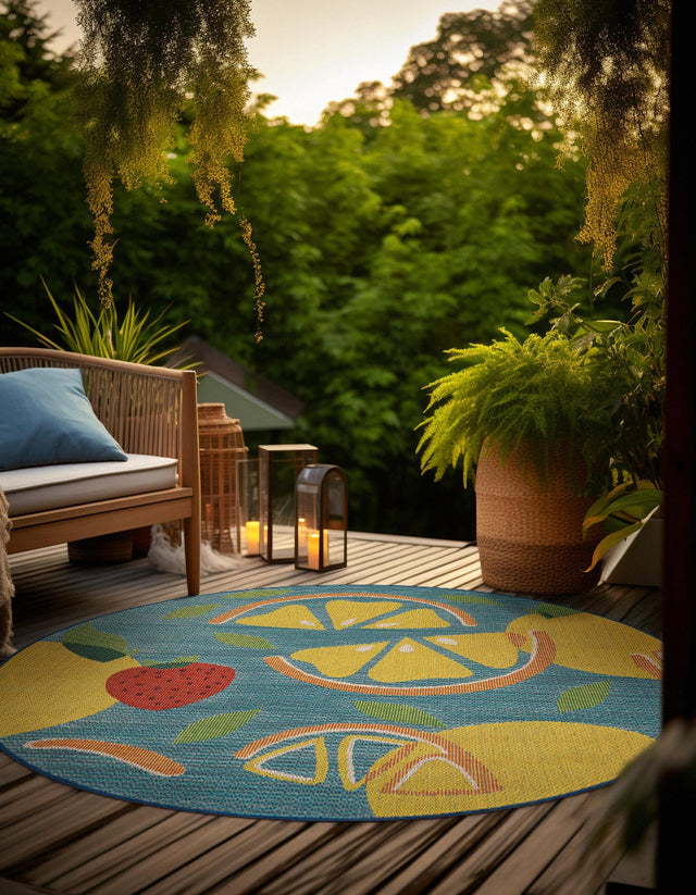 Blue 10' x 10' Baja Outdoor Round Area Rug Weather Resistant for Patio, Deck, Terrace, Balcony, Porch 100% Polypropylene Modern Outside Decor for Sale at Rug Engine