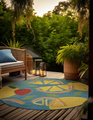 Blue 7' 10 x 7' 10 Baja Outdoor Round Area Rug Weather Resistant for Patio, Deck, Terrace, Balcony, Porch 100% Polypropylene Modern Outside Decor for Sale at Rug Engine