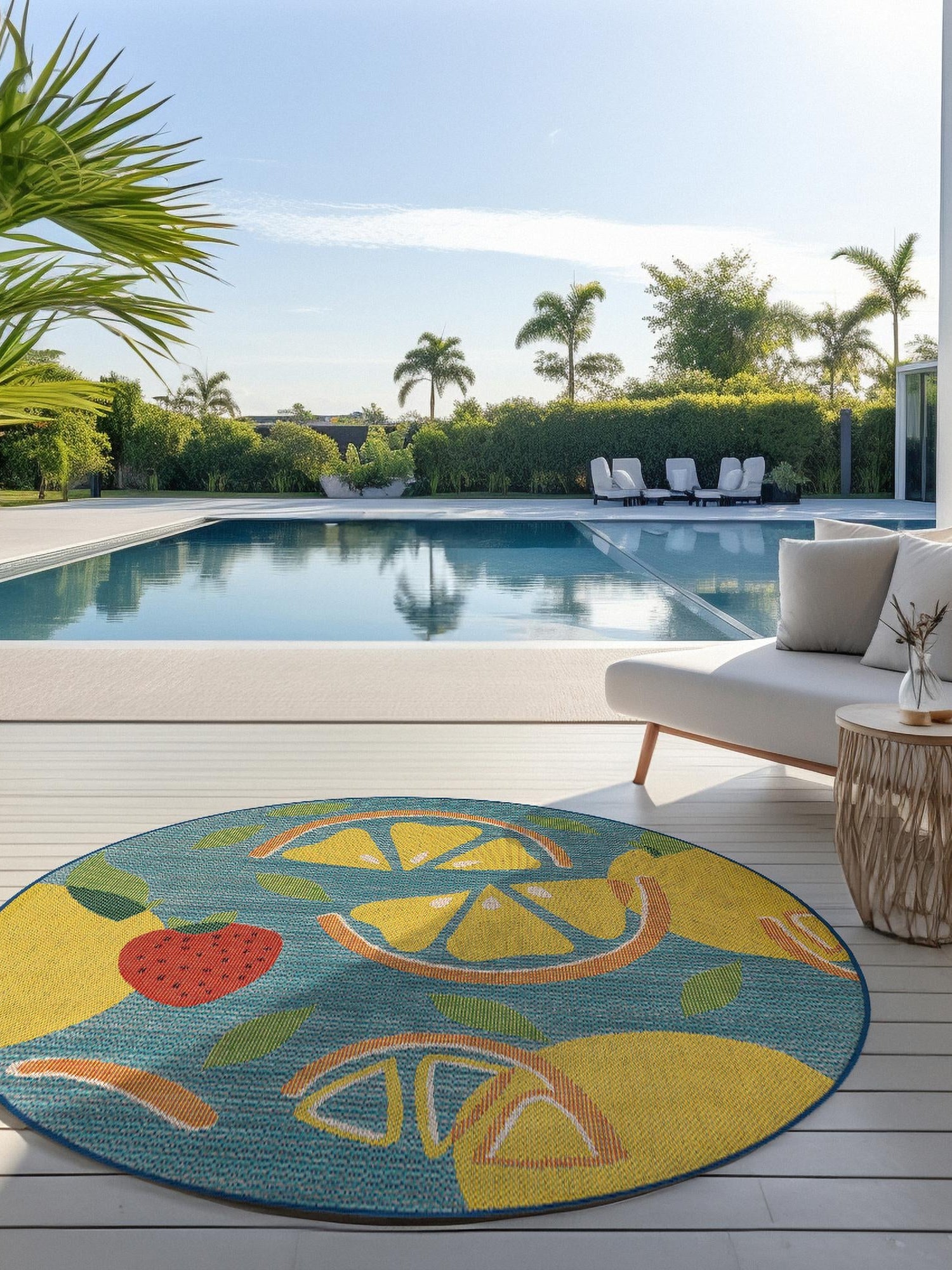 Blue 4' 1 x 4' 1 Baja Outdoor Round Area Rug Weather Resistant for Patio, Deck, Terrace, Balcony, Porch 100% Polypropylene Modern Outside Decor for Sale at Rug Engine
