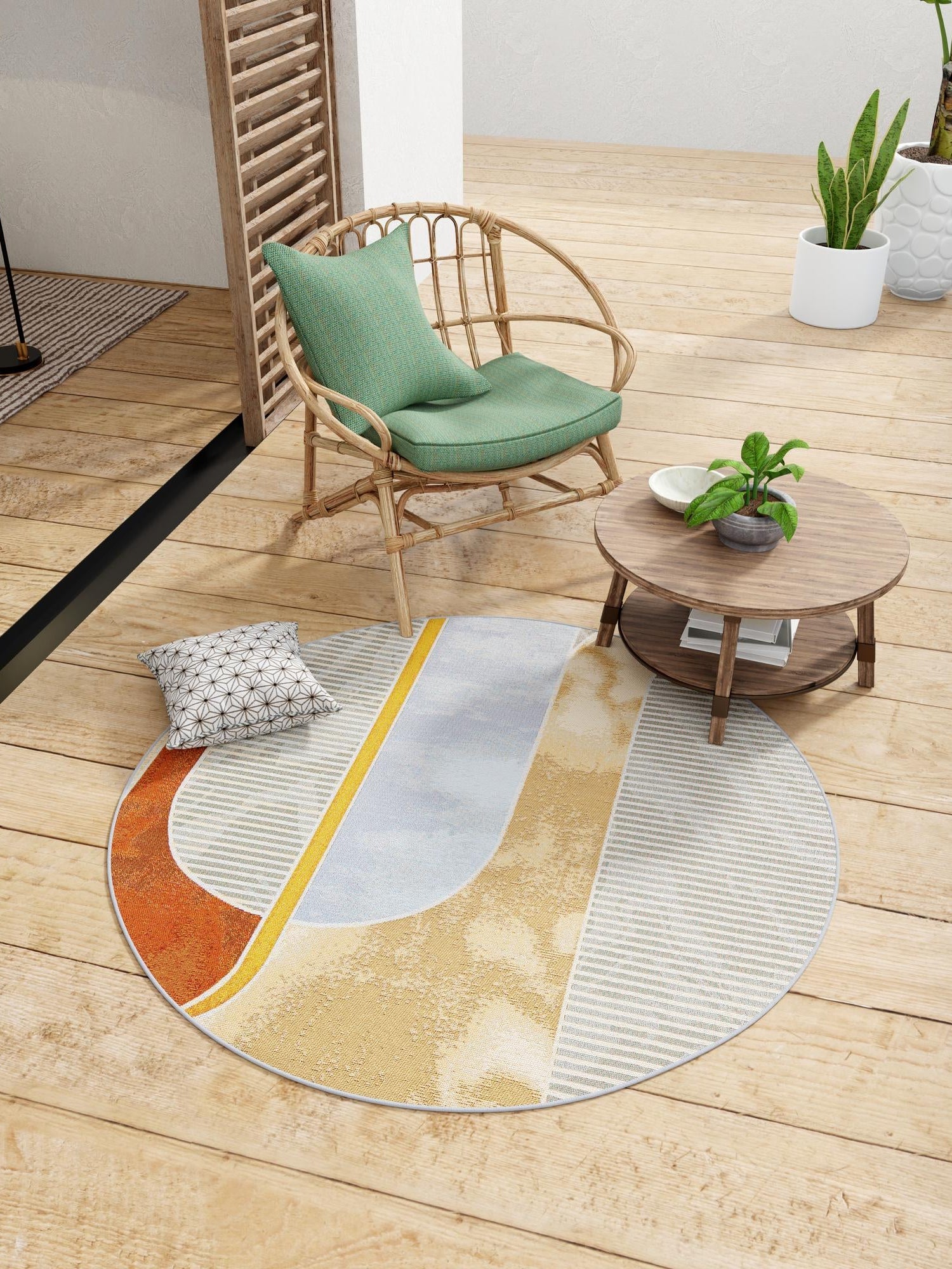 Multicolor 7' 10 x 7' 10 Outdoor Modern Round Area Rug Weather Resistant for Patio, Deck, Terrace, Balcony, Porch 100% Polypropylene Modern Outside Carpet for Sale at Rug Engine