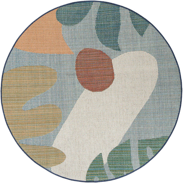 Blue 6' 1 x 6' 1 Baja Outdoor Round Area Rug Weather Resistant for Patio, Deck, Terrace, Balcony, Porch 100% Polypropylene Modern Outside Decor for Sale at Rug Engine