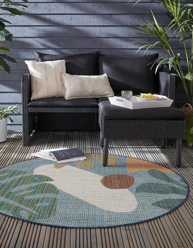 Blue 7' 10 x 7' 10 Baja Outdoor Round Area Rug Weather Resistant for Patio, Deck, Terrace, Balcony, Porch 100% Polypropylene Modern Outside Decor for Sale at Rug Engine