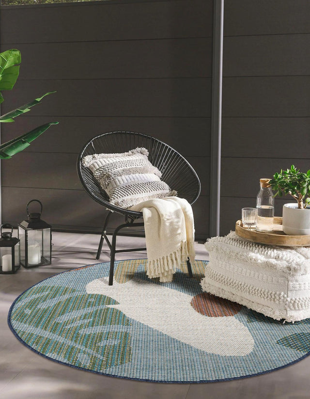 Blue 7' 10 x 7' 10 Baja Outdoor Round Area Rug Weather Resistant for Patio, Deck, Terrace, Balcony, Porch 100% Polypropylene Modern Outside Decor for Sale at Rug Engine