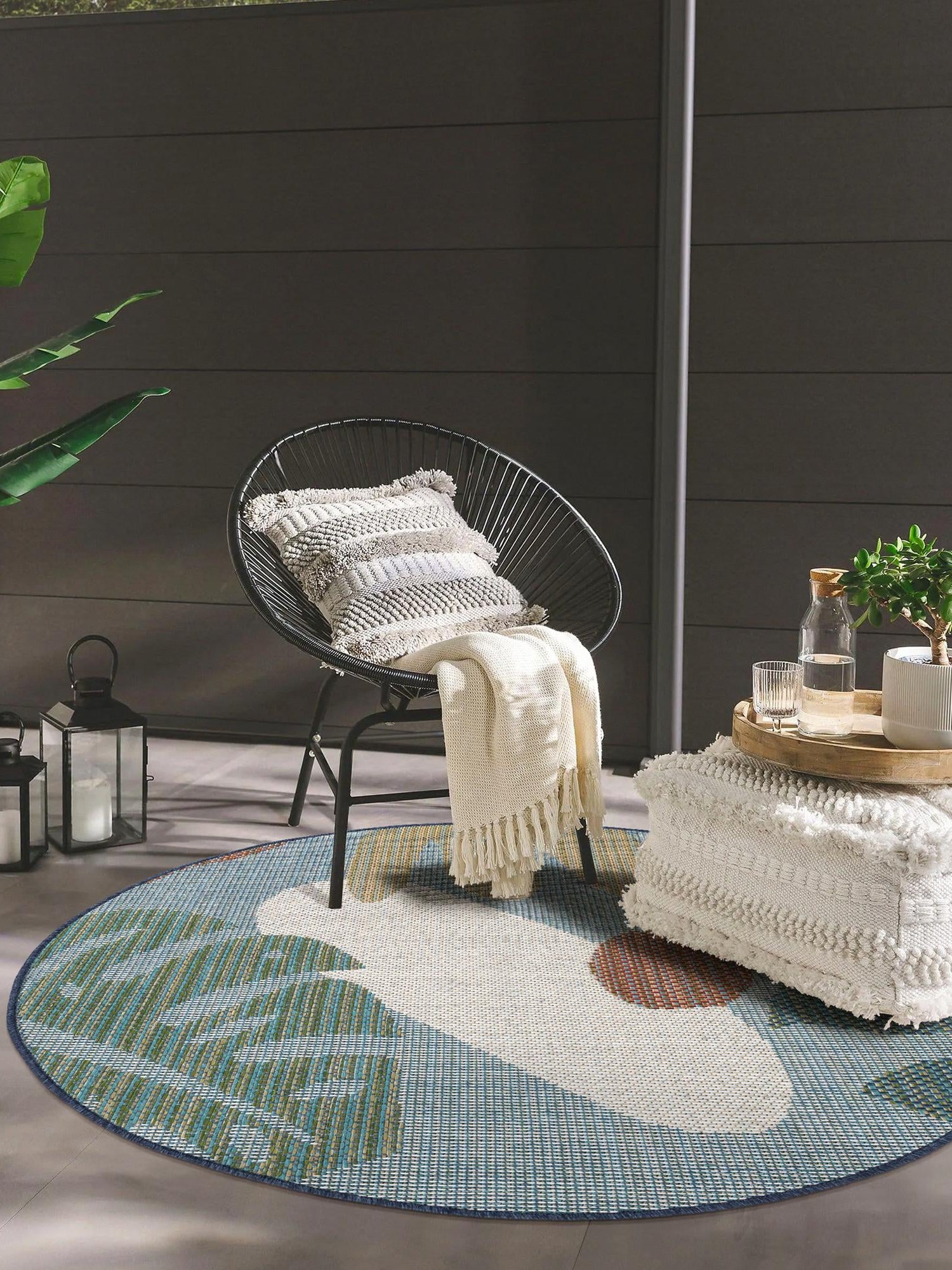 Blue 4' 1 x 4' 1 Baja Outdoor Round Area Rug Weather Resistant for Patio, Deck, Terrace, Balcony, Porch 100% Polypropylene Modern Outside Decor for Sale at Rug Engine