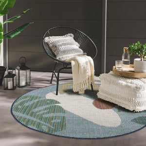 Blue 7' 10 x 7' 10 Baja Outdoor Round Area Rug Weather Resistant for Patio, Deck, Terrace, Balcony, Porch 100% Polypropylene Modern Outside Decor for Sale at Rug Engine