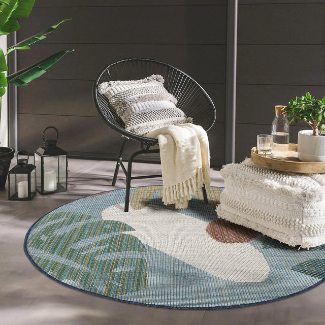 Blue 7' 10 x 7' 10 Baja Outdoor Round Area Rug Weather Resistant for Patio, Deck, Terrace, Balcony, Porch 100% Polypropylene Modern Outside Decor for Sale at Rug Engine