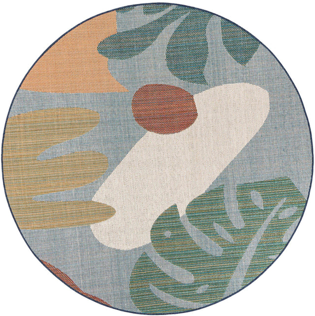 Blue 7' 10 x 7' 10 Baja Outdoor Round Area Rug Weather Resistant for Patio, Deck, Terrace, Balcony, Porch 100% Polypropylene Modern Outside Decor for Sale at Rug Engine