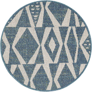 Blue 3' 3 x 3' 3 Baja Outdoor Round Area Rug Weather Resistant for Patio, Deck, Terrace, Balcony, Porch 100% Polypropylene Modern Outside Decor for Sale at Rug Engine