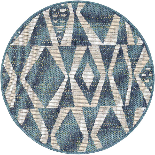 Blue 3' 3 x 3' 3 Baja Outdoor Round Area Rug Weather Resistant for Patio, Deck, Terrace, Balcony, Porch 100% Polypropylene Modern Outside Decor for Sale at Rug Engine