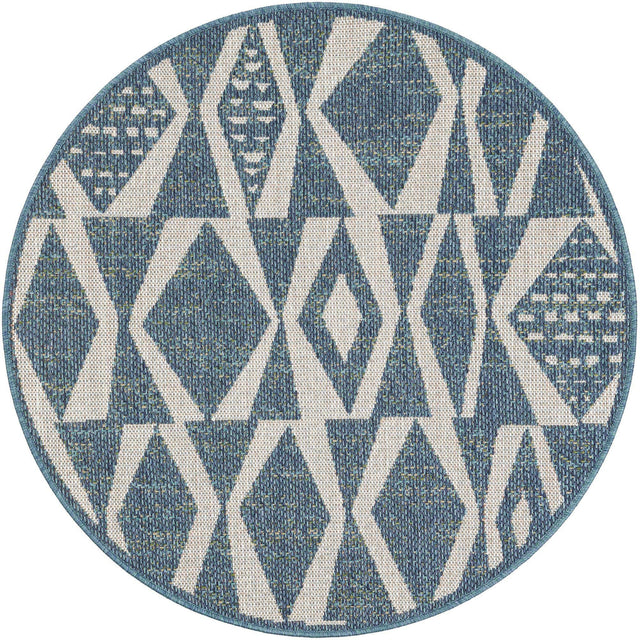 Blue 4' 1 x 4' 1 Baja Outdoor Round Area Rug Weather Resistant for Patio, Deck, Terrace, Balcony, Porch 100% Polypropylene Modern Outside Decor for Sale at Rug Engine