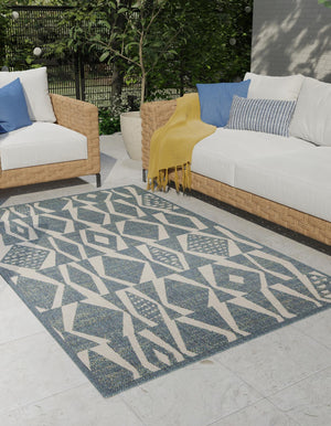 Blue 9' x 12' Baja Outdoor Rectangle Area Rug Weather Resistant for Patio, Deck, Terrace, Balcony, Porch 100% Polypropylene Modern Outside Decor for Sale at Rug Engine